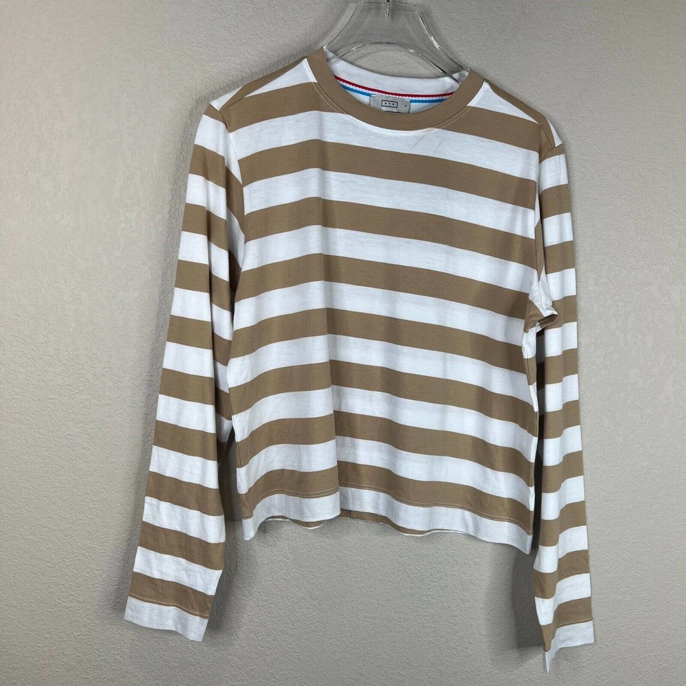 AYR Women's Pima Cotton Striped Slushy T-Shirts Long Sleeve Tan/White Size S